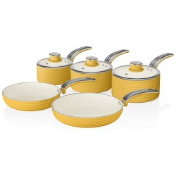 Swan Retro Induction Saucepan Set With Glass Lids, Non Stick Ceramic Coating, Easy to Clean, Yellow, 5 Piece