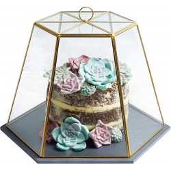 Artesà Geometric Glass Cheese / Cake Dome with Slate Serving Board, 31 x 27.5 x 25 cm (12" x 11" x 10") - Brass Effect
