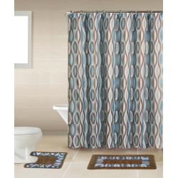 Home Dynamix Bath Shower Curtain & Bath Rug Set: Helix Blue - Includes: Shower Curtain, Bath Rug , Contour Rug + 12 Curtain Hooks