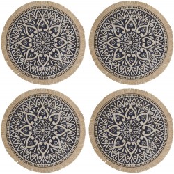 Creative Tops Set of 4 Jute Placemats with Mandala Design, Natural Printed Hessian Round Table Mats, Blue, 41 cm