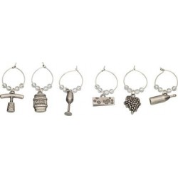 BarCraft Wine Glass Charms/Drink Markers, Metal-Assorted Designs (Set of 6), Silver