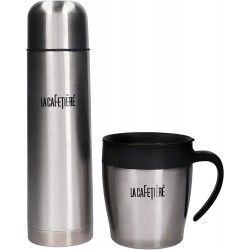 La Cafetière Coffee Gift Set with Thermal Flask, Travel Mug with Lid, Ground Coffee and Whole Wheat Cookies, Stainless Steel, 480ml / 300ml