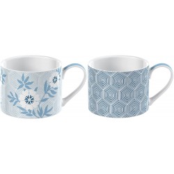 V&A 'Matley' Fine China Espresso Cups with Printed Decorative Floral Pattern, 150 ml - White/Blue (Set of 2) - Gift Boxed