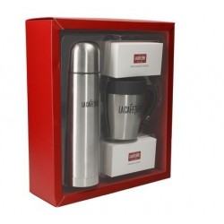 La Cafetière Coffee Gift Set with Thermal Flask, Travel Mug with Lid, Ground Coffee and Whole Wheat Cookies, Stainless Steel, 480ml / 300ml