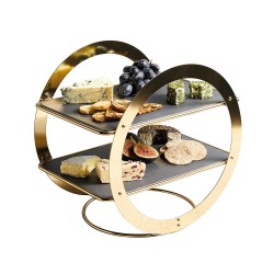 Artesà Round 2-Tiered Food Presentation Stand with Slate Serving Platters, Brass Finish
