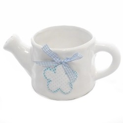 Rainbow Ceramic Glazed Teapot with Gingham Flower and Ribbon Lime/Baby Blue, 20cm
