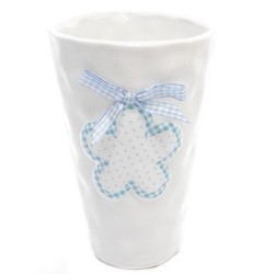 Rainbow Ceramic Glazed Vase With Gingham Flower and Ribbon Ivory/Baby Blue, 18cm